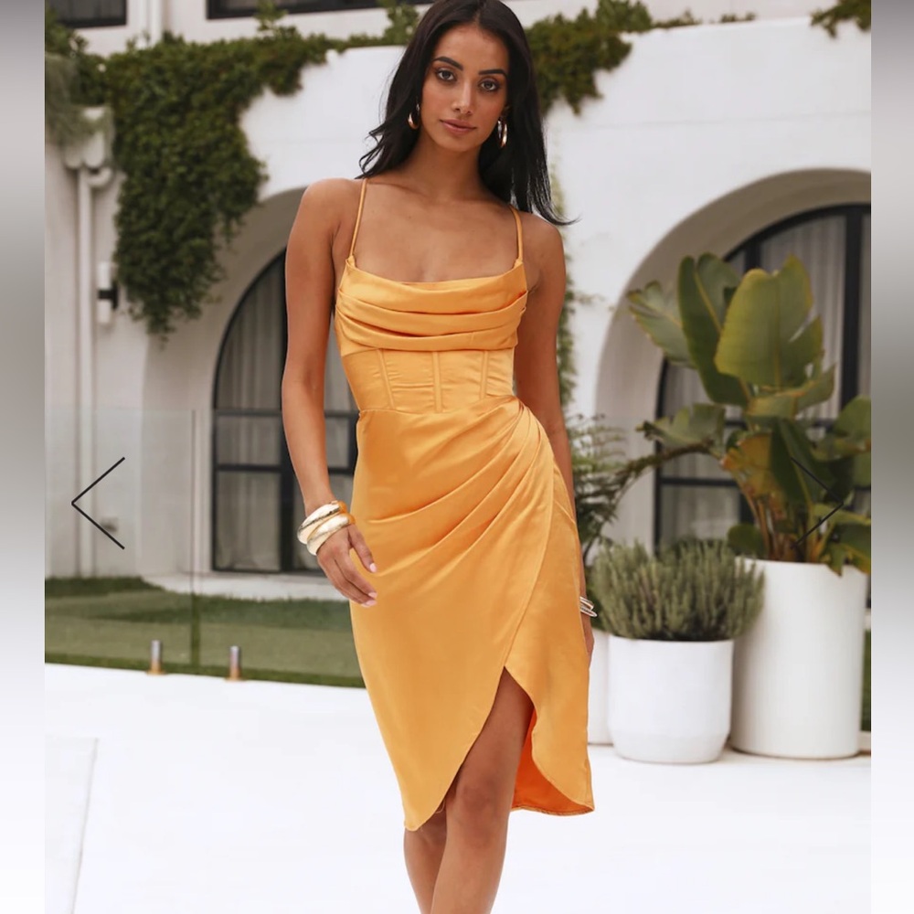 Hello Molly NWT MY FIERCE LOVE SATIN MIDI DRESS GOLDEN